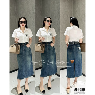Chân váy jean dài A nhẹ xẻ sau cạp đai liền
