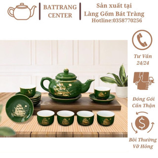 (6 MẪU)Bộ Ấm Chén Pha Trà Bát Tràng-hàng nhà lò giá tận gốc,men Xanh Rêu vẽ vàng kim-dáng ấm quả Hồng