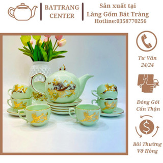 (7 MẪU) Bộ Ấm Chén Pha Trà-hàng nhà lò chuẩn Bát Tràng-vẽ Vinh Hoa Phú Quý,men Ngọc,viền Vàng