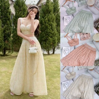 Set áo hoa hai dây croptop kèm chân váy midi