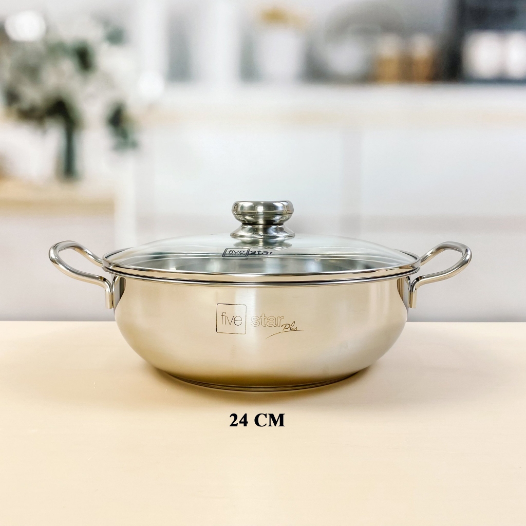 Chảo lẩu inox Fivestar nắp kính 26, 28, 32 cm 3 đáy dùng mọi loại bếp từ, hồng ngoại, bh 5 năm