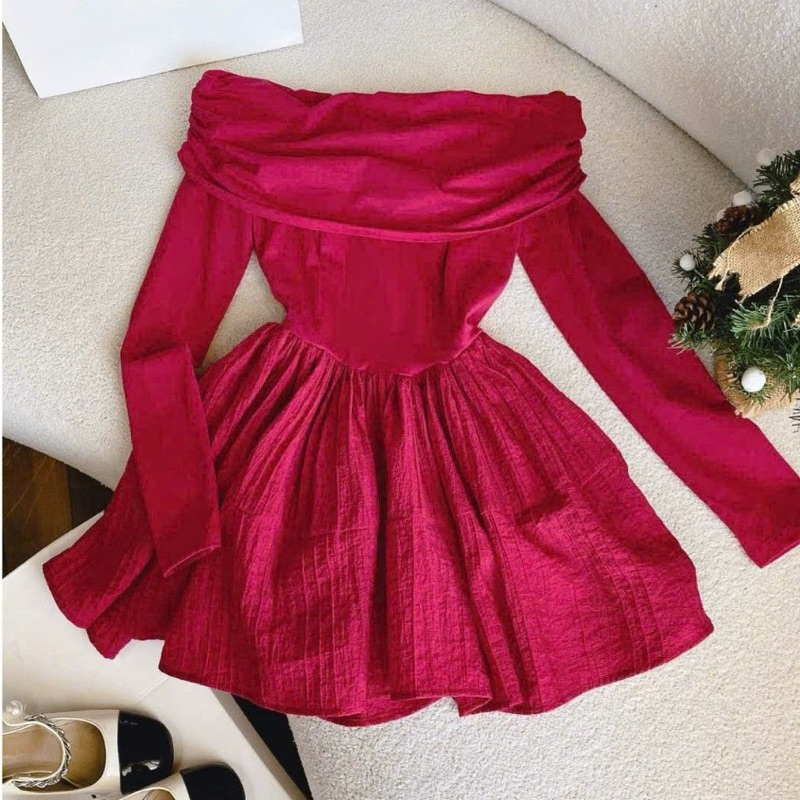 Đầm BỆT VAI Tay Dài Chất Gân Dáng Xoè Ngắn Phối Chất Đũi