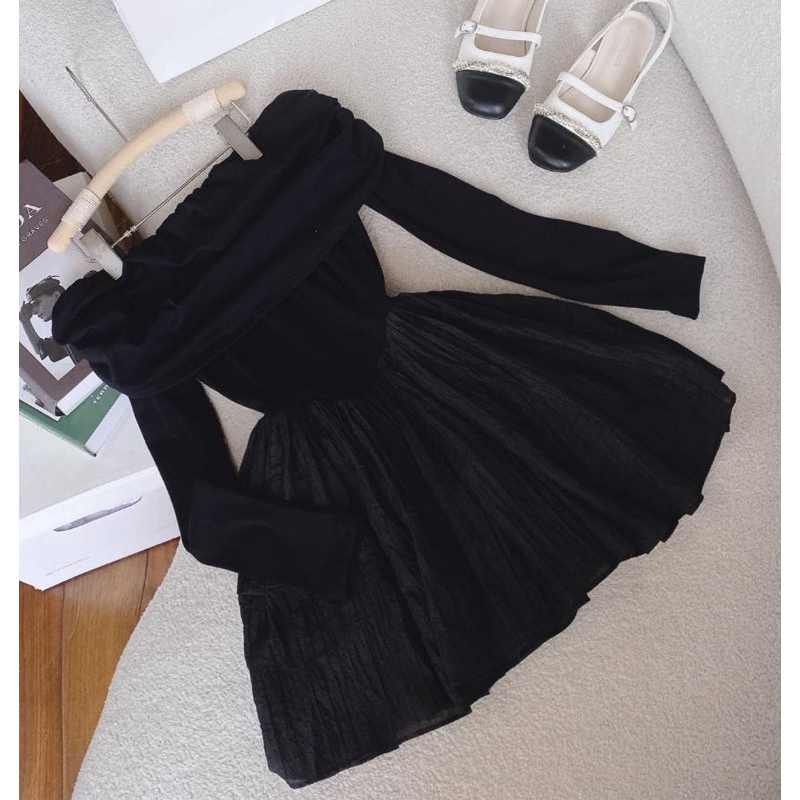 Đầm BỆT VAI Tay Dài Chất Gân Dáng Xoè Ngắn Phối Chất Đũi