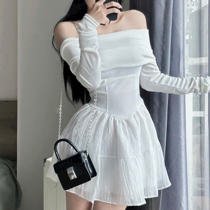 Đầm BỆT VAI Tay Dài Chất Gân Dáng Xoè Ngắn Phối Chất Đũi