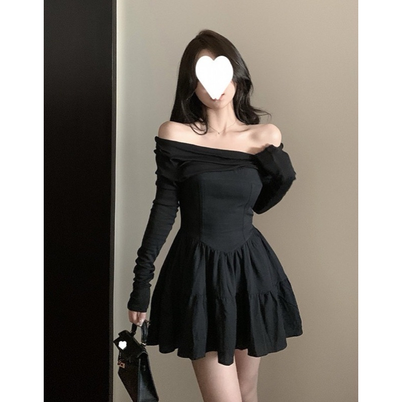 Đầm BỆT VAI Tay Dài Chất Gân Dáng Xoè Ngắn Phối Chất Đũi