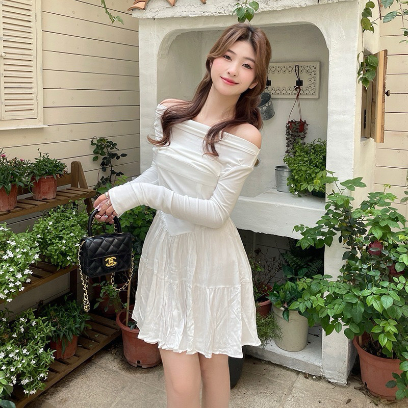 Đầm BỆT VAI Tay Dài Chất Gân Dáng Xoè Ngắn Phối Chất Đũi