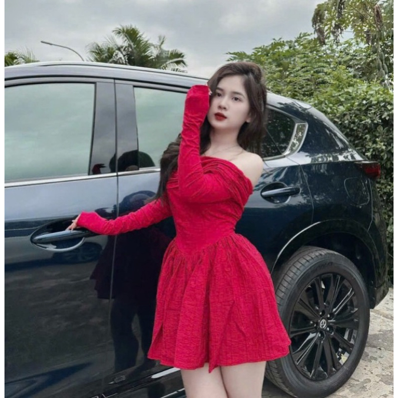 Đầm BỆT VAI Tay Dài Chất Gân Dáng Xoè Ngắn Phối Chất Đũi