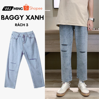 Quần baggy nam rách cá tính, quần jean ống rộng 3 đường rách phong cách boy phố