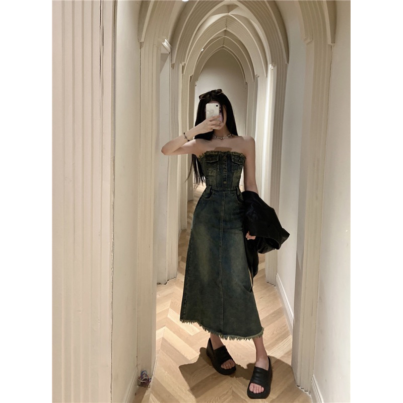 Đầm ống jean cúp dáng dài xòe nhẹ tua rua hàng QCCC