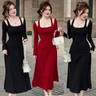 Đầm body dáng dài xòe cổ U cut out vai tay dài phong cách Hàn Quóc chất thun tăm lạnh tôn dáng