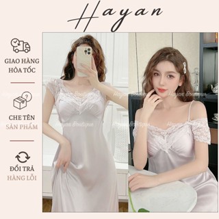 HT954 Váy ngủ sexy 2s phối ren trễ vai kèm ĐỆM LÓT, đầm ngủ lụa tiểu thư dáng dài thướt tha HT954 MÚT