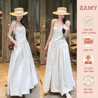 Set đồ nữ, sét Linen 2 dây xếp ly cúp ngực kèm chân váy midi dáng dài xòe Zamy thiết kế đi chơi,đi biển