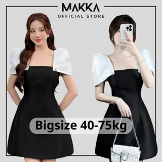 Váy nữ thiết kế bigsize MAKKA váy tafta đen cổ vuông phối cúc ngọc tay trắng bồng 598