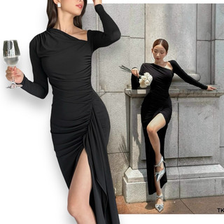 Đầm ôm body tay dài lệch vai xẻ tà size S eo dưới 65cm ( hoả tốc hcm )