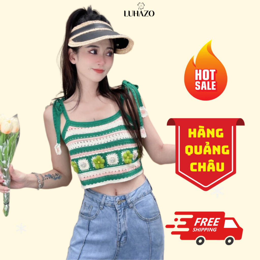 Áo bra móc len thủ công croptop dệt kim hai dây LUHAZO bikini đi biển kẻ ngang phối màu retro cá tính nổi bật A-