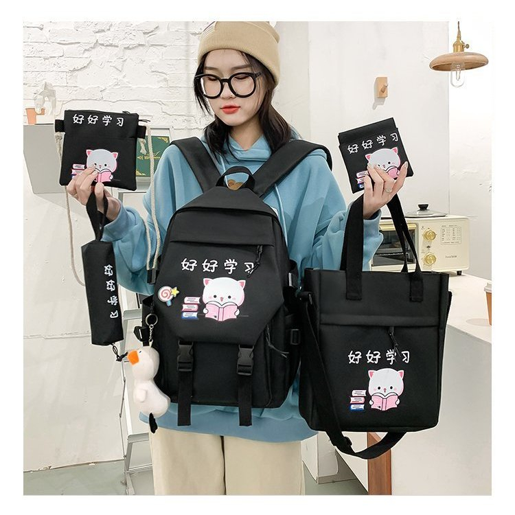 Set balo 4 món MÈO ĐỌC SÁCH size lớn mang đi chơi, đi học