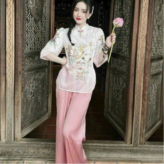 Set bộ đồ lam đi chùa thời trang nữ áo vải gấm hoa cao cấp tay lỡ cổ tàu quần lụa latin mềm có túi cực xinh diện đi lễ