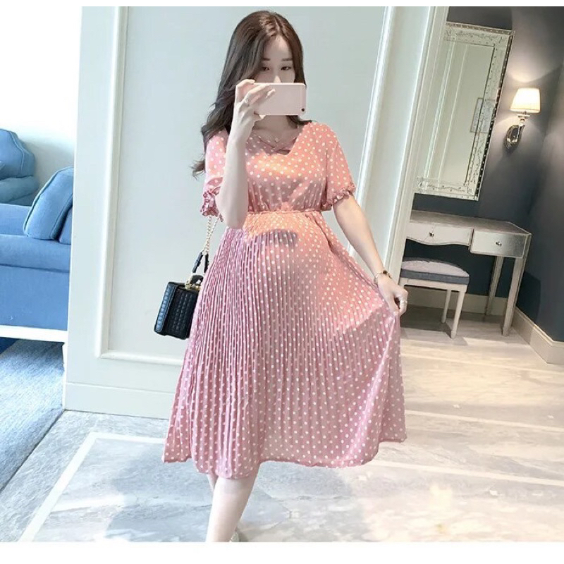 🌸Mẹ bầu phải đẹp 🌸 Đầm bầu Xuân Hè form rộng xếp li, chiết eo, chấm bi trắng
