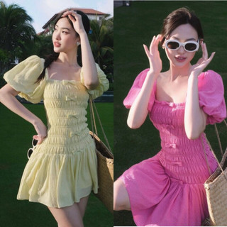 Đầm Váy Nhún Ôm Body Mix Nơ Tay Bồng Dáng Xoè Ngắn 2 Lớp Đi Biển Màu Hồng Vàng Siêu Xinh