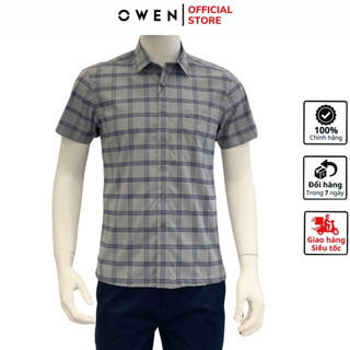 Áo sơ mi ngắn tay nam OWEN AB230302NT somi công sở cao cấp chất nano màu kẻ caro xám đậm dáng body fit tà bằng có túi