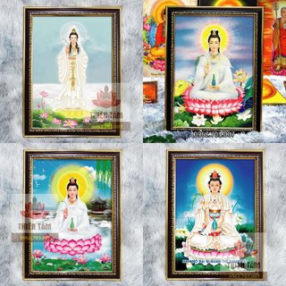 Tranh Quan Âm Bồ Tát Tọa Hồ Sen 36x48cm bằng vải phủ bóng khung composite xịn xò
