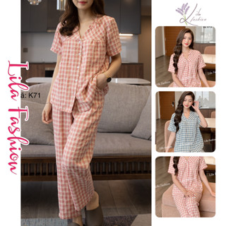 Bộ Pijama Nữ -K71 Đồ Bội Mặc Ở Nhà Đẹp Lila  Cổ V,  Kẻ Caro Tay Cộc, Quần Dáng Dài Chất Cotton Thô Nhật