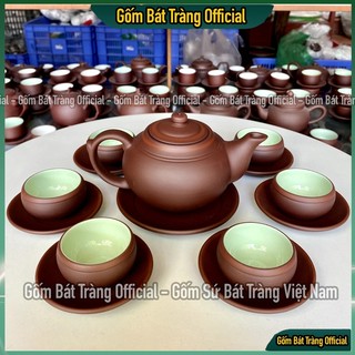 Bộ ấm trà búp sen chỉ đỏ men ngọc, bộ ấm chén bát tràng cao cấp