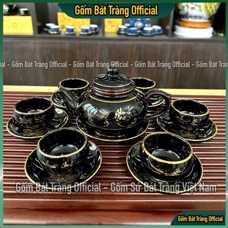 Bộ ấm trà vinh hoa phú quý men đen bóng, bộ trà vinh hoa phú quý bát tràng men đen cao cấp