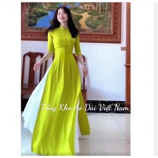 Áo dài lụa màu xanh cốm đính cúc bọc trẻ trung, vải lụa mềm mịn, co dãn, không nhăn -Tổng Kho Áo Dài Việt