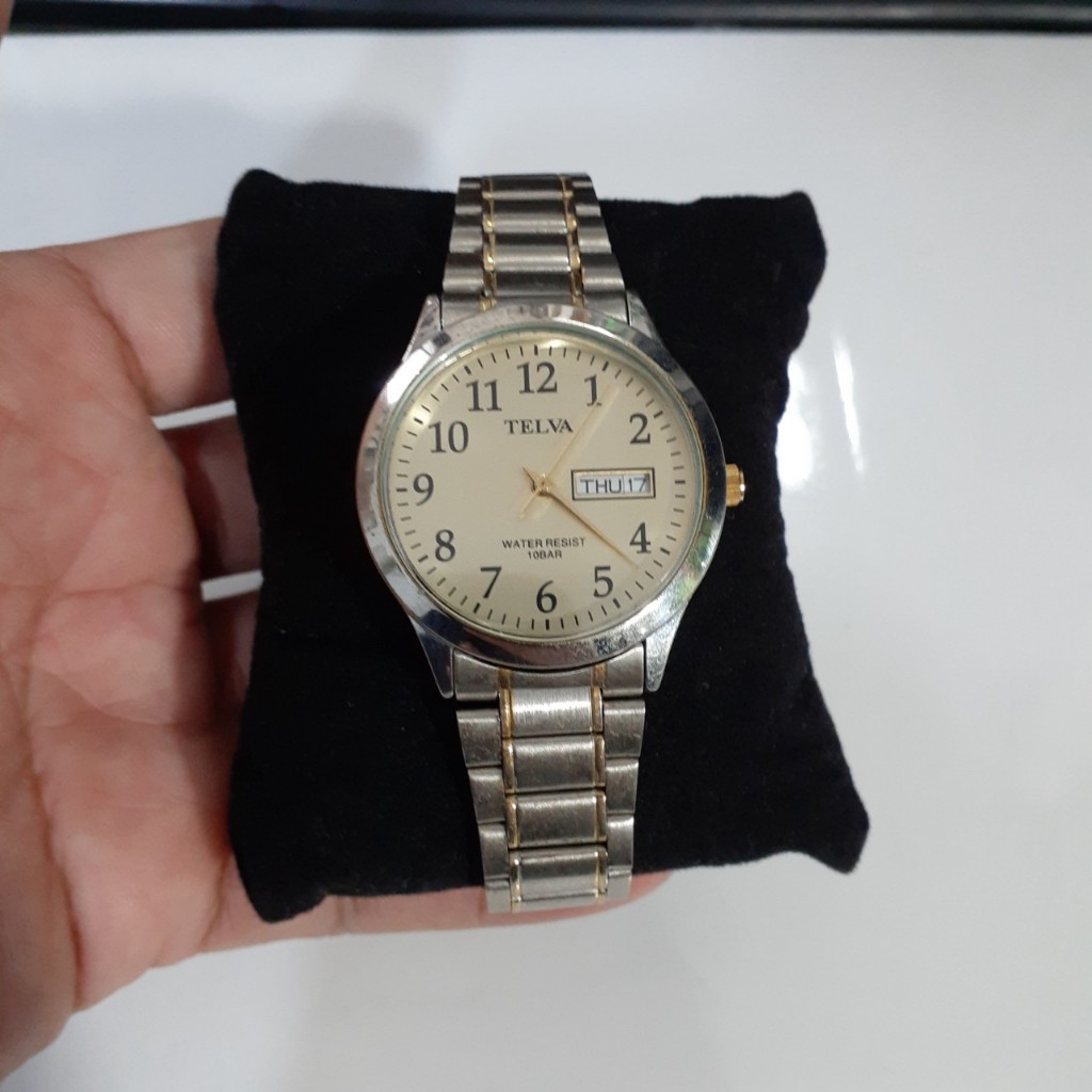 Đồng hồ nam tay nhỏ Telva demi vàng có lịch nguyên zin second hand si Nhật