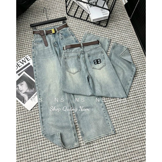 Quần jeans nữ ống suông dáng dài basic chi tiết thêu chữ BB hàng Qc