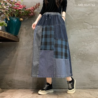  Chân váy denim retro lưng thun KAMAKA dây rút kẻ sọc caro - NU9762 