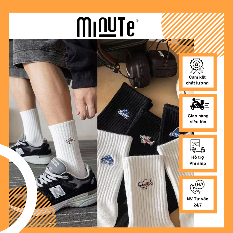 Tất nam nữ cổ cao nhiều mẫu họa tiết SHARK, Tất dệt kim thoáng khí co giãn 4 chiều