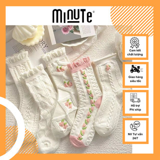 Tất nữ cổ cao dễ thương phong cách Hàn Quốc nhiều mẫu, Tất dệt kim thoáng khí co giãn 4 chiều