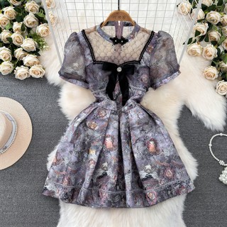 #3619 [Sẵn một số size] Đầm tay ngắn đính nơ tiểu thư dáng A có lót trong