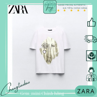Zara Auth Áo thun nữ trắng in cô gái size s size L