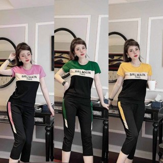 {Bigszie 45-85KG} Set Đồ Bộ Nữ Dáng Quần Lửng  Áo Thêu Chữ BLAEMIN Mặc Nhà Đẹp