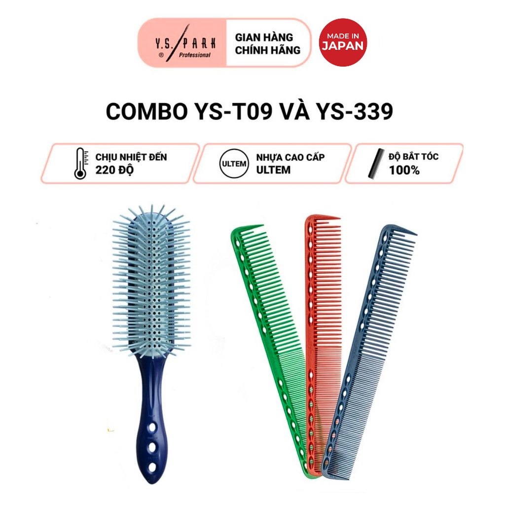 Combo lô sấy tóc Pro Straight Air Styler YS-T09 và lược cắt tóc YS-339 hàng chính hãng YS Park nhập khẩu Nhật Bản