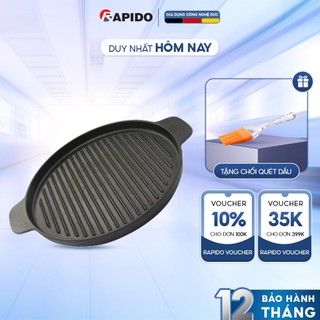 Chảo gang nướng chống dính RAPIDO size 24cm, 26cm, gang đúc nguyên khối dùng được mọi loại bếp