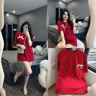Áo phông đỏ mix nơ kem qc - ảnh thật shop chụp