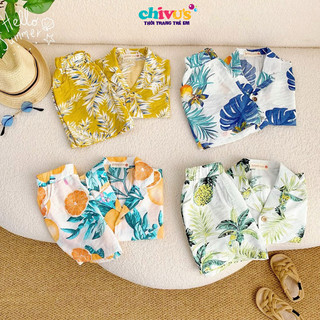 set đi biển bé trai, set đồ đi biển cho bé chất đũi siêu mát họa tiết hoa lá cành đầy phong cách