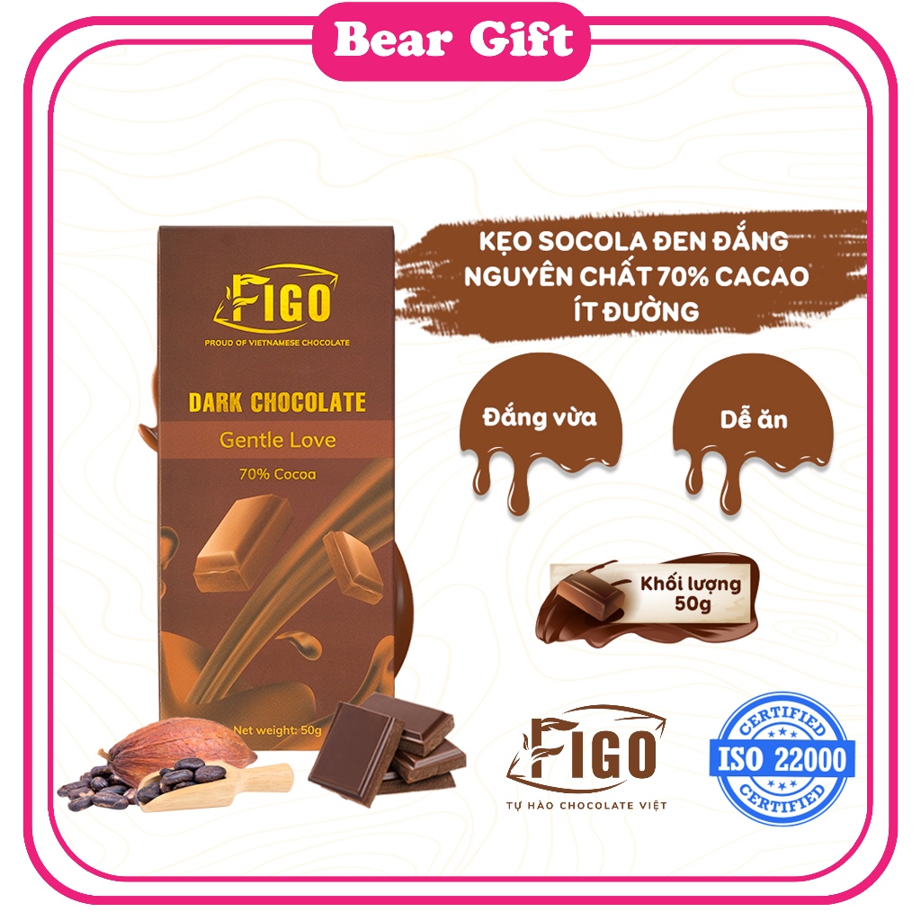 [Chính hãng] Dark Chocolate 70% Cacao FIGO 50gr, Socola đen nguyên chất 70% Cacao it đường, ăn giảm 