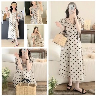 Đầm maxi FOREVER21 đũi lụa xước form xòe cổ tròn dúng tay ngắn phồng chấm bi be đen kèm dây thắt eo