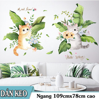 decal trang trí tường 2 chú mèo và cây lá chuối-BA2159