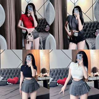 Áo thun croptop cổ đức đính tang siêu đẹp mix đồ trẻ trung
