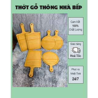 Thớt gỗ thông chữ nhật/tròn có tay cầm decor beef steak, pizza cho nhà hàng và nhà bếp.