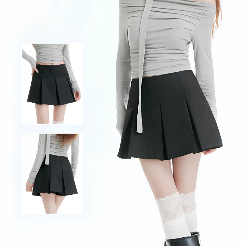 Chân váy A Xoè Xếp Ly MADELA Cạp Cao, Chân váy xếp ly xoè bản to ngắn nữ