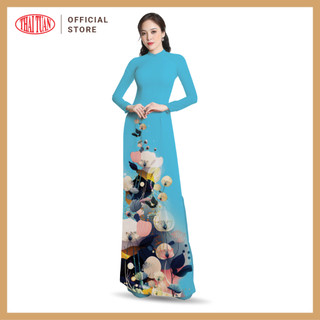 Vải Áo Dài Thái Tuấn In Sắc Phương Nam Hoa Văn Màu Xanh ASBR533205IBF