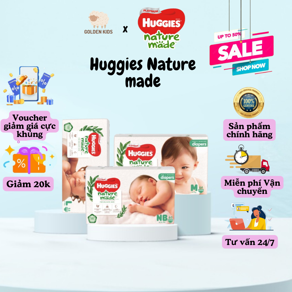 CHÍNH HÃNG TẶNG QUÀ BỈM HUGGIES NATURE MADE CÁC SIZE NB60 S82 M64 L54 XL44