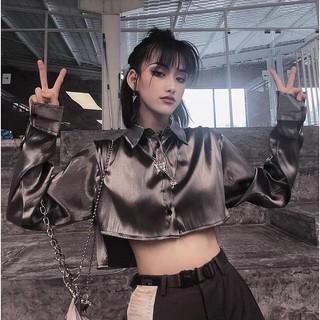 (Sẵn) Áo sơ mi satin croptop màu phi bóng phản quang hot hit